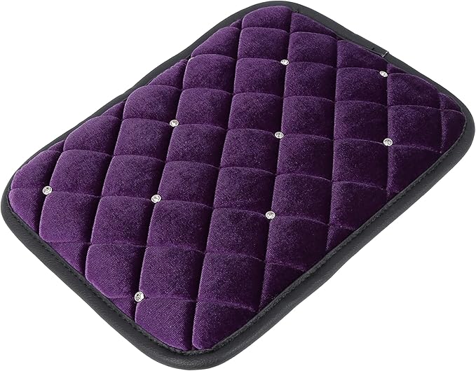 X AUTOHAUX Universal Car Center Console Cover, Plush Fabric Armrest Cushion Pad with Rhinestone Design, Purple