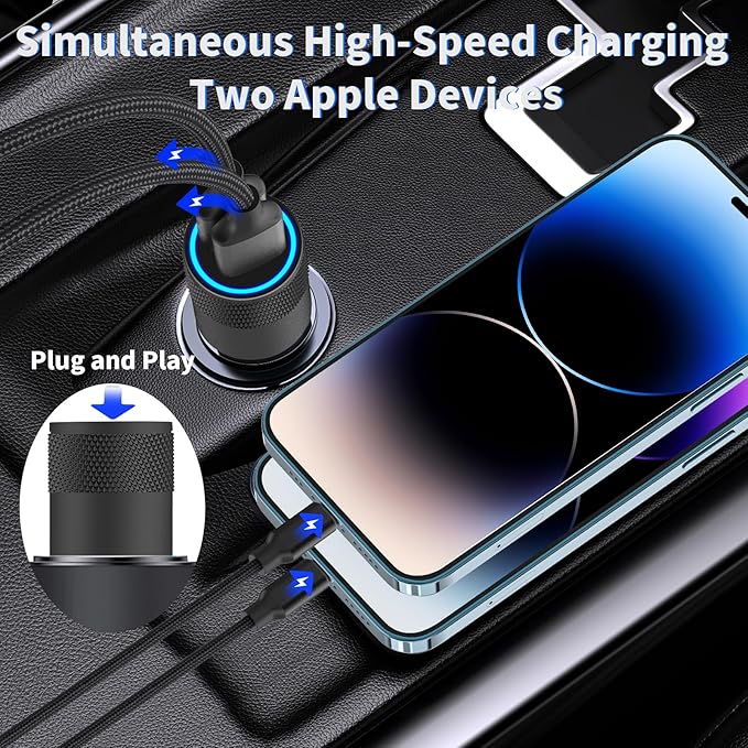 【MFi Certified】iPhone Car Charger Fast Charging, Rombica 4.8A Dual USB Smart Power Cigarette Lighter USB Car Charger with 2Pack Lightning Braided Cable for iPhone 14 13 12 11 Pro XS Mini XR X SE iPad