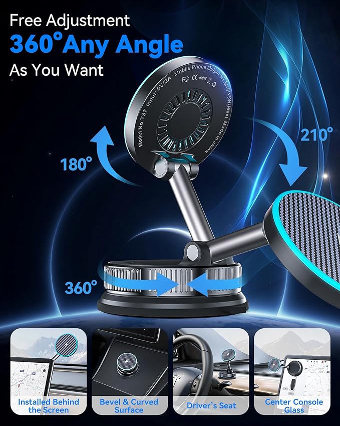 15W MagSafe Car Mount Charger, Magnetic Wireless Car Charger with Vacuum Suction Cup & Nano Adhesive Base, 360° Rotatable Strong Hold Car Phone Mount for iPhone 17 16 15 14 13 12 Series, Samsung S26
