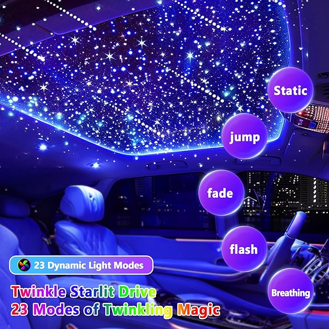 VASTFIRE Starlight Headliner Kit – 1300pcs Twinkle Meteor Fiber Optic Star Lights for Car, Bluetooth APP & Remote Control, RGBW Color Changing, DIY Interior Roof Ceiling Light, Sound Sync LED Kit