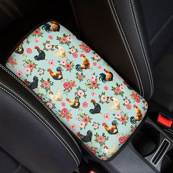 JoyLamoria Rooster Flower Automotive Armrest Pad Protector High Stretchy Car Armrest Cover Easy Install