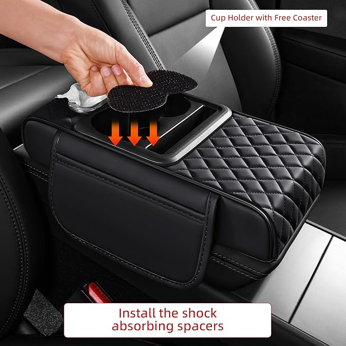 5 in 1 Car Center Console Cover, Armrest Pad with 2 Storage Pockets, Cup Holder, Tissue Box Slot, Phone Holder, Universal Car Interior Organizer (Black)