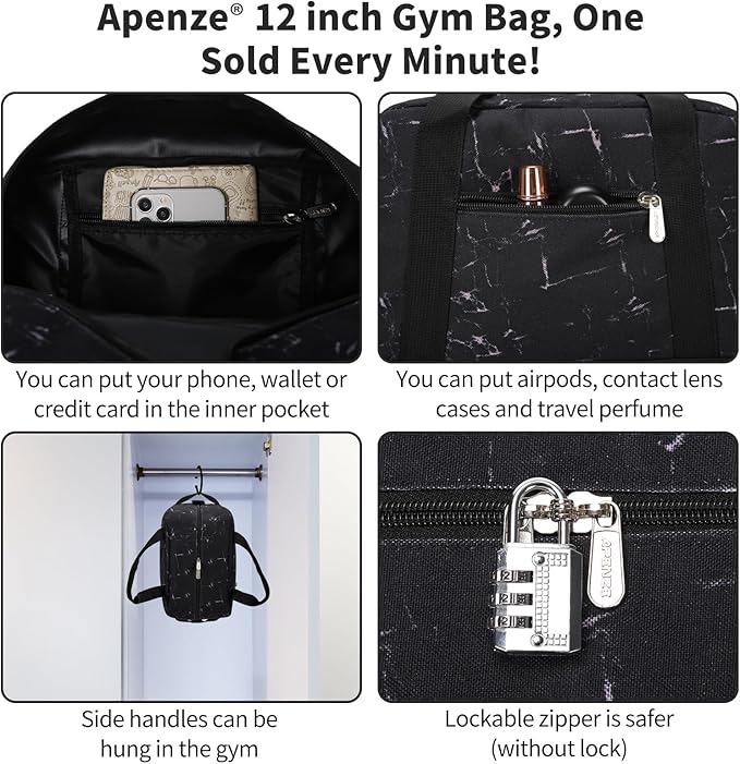 Small Gym Bag Carry On Bag - 12 in Mini Duffle Bag Lightweight for Overnight Travel(Marble Black)