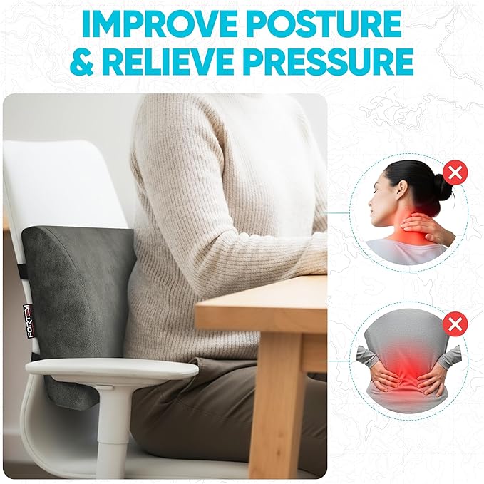 FORTEM Lumbar Support Pillow for Office Chair, Lumbar Support Pillow for Car, Back Rest for Gaming, Memory Foam Pillow, Desk Chair Cushion, Breathable & Washable Cover, Adjustable Straps