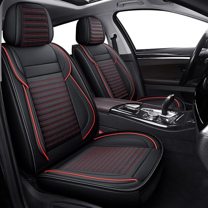 LINGVIDO Full Set Car Seat Covers, Faux Nappa Leather, Airbag Compatible and Waterproof Protectors for Sedans SUVs, Breathable Interior for Active Families, Pets, and Commuters (5 Seats, Black/Red)
