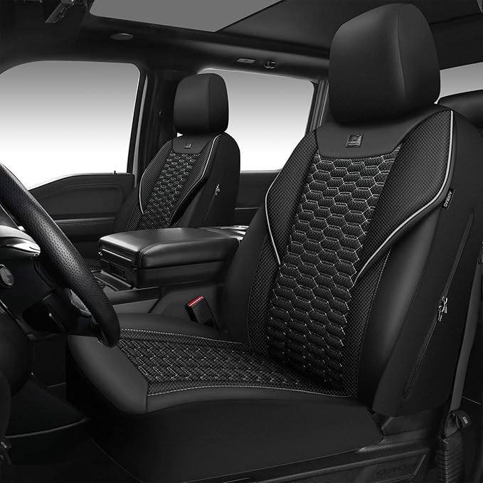 CAR PASS 3D Foam Mesh Leather Car Seat Covers Front Seats, Air Cool Mesh Front Seat Covers for Car, Universal Fit for SUV Truck Sedan Automotive, Armrest Airbag Compatible, Black and Gray