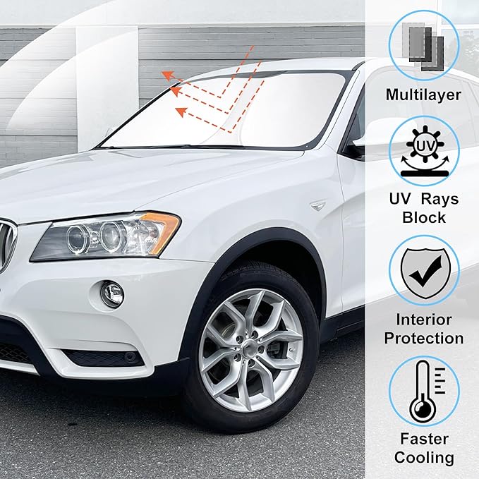 Windshield Sun Shade Custom Fit for 2011 2012 2013 2014 2015 2016 2017 BMW X3 Accessories Foldable Sunshade Sun Blocker Protect Car from Sun Rays & Heat Damage Keep Car Cooler