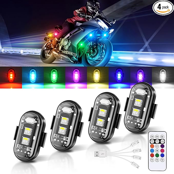 Wireless LED Strobe Lights Remote Control, 8 Colors USB Charing Waterproof Anti-Collision Flashing Emergency Warning Lights for Car Motorcycle Drone Aircraft Bike 4PCS