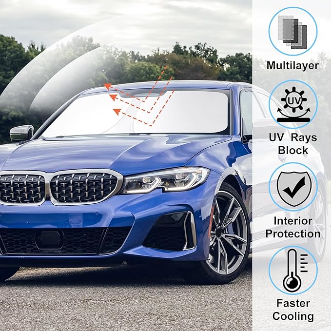 Windshield Sun Shade Custom Fit for 2019-2024 2025 2026 BMW 3 Series Accessories Foldable Sunshade Sun Blocker Protect Car from Sun Rays & Heat Damage Keep Car Cooler