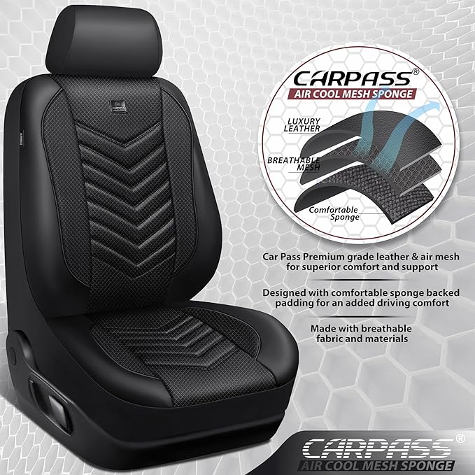 CAR PASS 3D Foam Mesh Leather Car Seat Covers Front Seats, Breathable Two Front Seat Cover for Cars, Comfortable Universal Fit for SUV Truck Sedan Automotive Anti-Slip Airbag Compatible, All Black