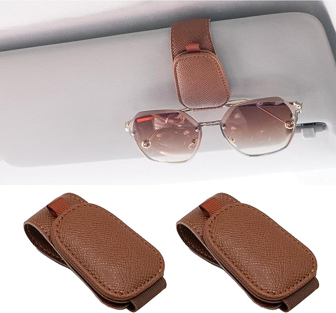 Yuoyar 2 Packs Magnetic Sunglass Holder for Car Visor - Universal Sunglasses Clip for Different Size Eyeglasses - Convenient Interior Car Accessories (Brown)