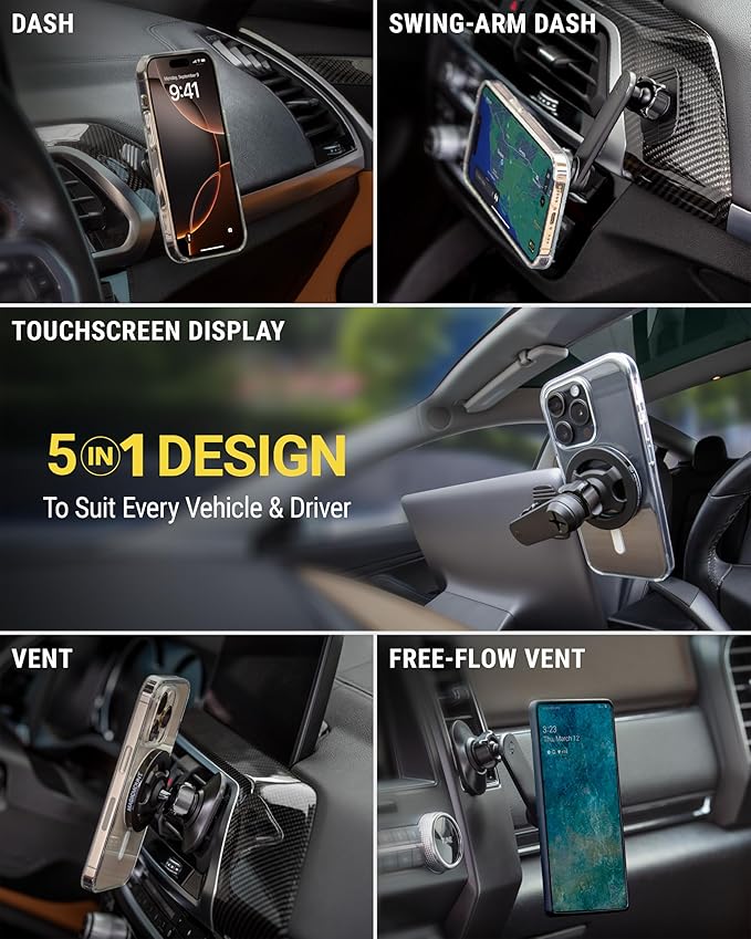 Scosche SMS1ODVR-1 MagicMount 5-in-1 MagSafe Phone Mount for Car Vent, Dashboard and Back of Display for Floating Screens, Hands Free Magnetic Cell Phone Holder Compatible with iPhone 16 15 14 13 12