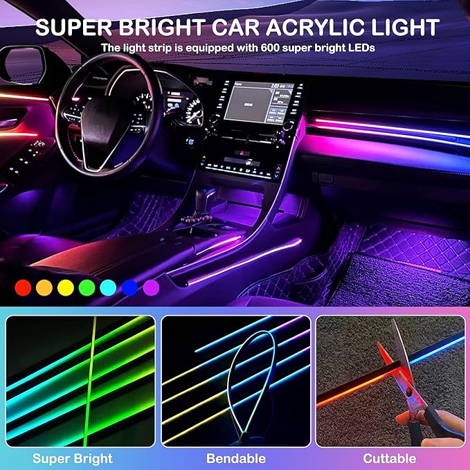 Interior Car LED Strip Lights, RGB 10 in 1 Dynamic Dreamcolor Chasing Acrylic LED Lights for Car, USB Powered Ambient Lighting Kits with Wireless APP, Sound Active Function Car Neon Lights (10 in 1)