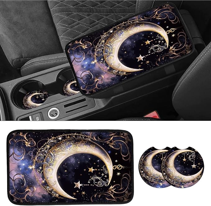 Car Armrest Cover Pads Universal Fashion Cute Auto Center Console Armrest Cover Pad with 2PCS Car Coasters Soft Waterproof Car Armrest Seat Protector for Women Girls, Crescent Stars in Sky