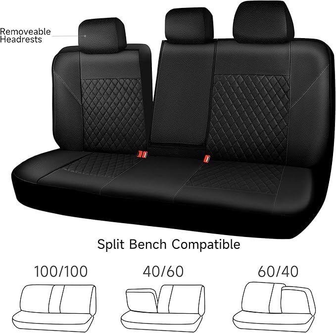CAR PASS Faux Leather Back Seat Cover, Universal Quilting Waterproof Bench Rear Seat Cover Universal car seat Cover Fit 95% Automotive Interior Covers for Sedans SUVs Vans Small Trucks, All Black