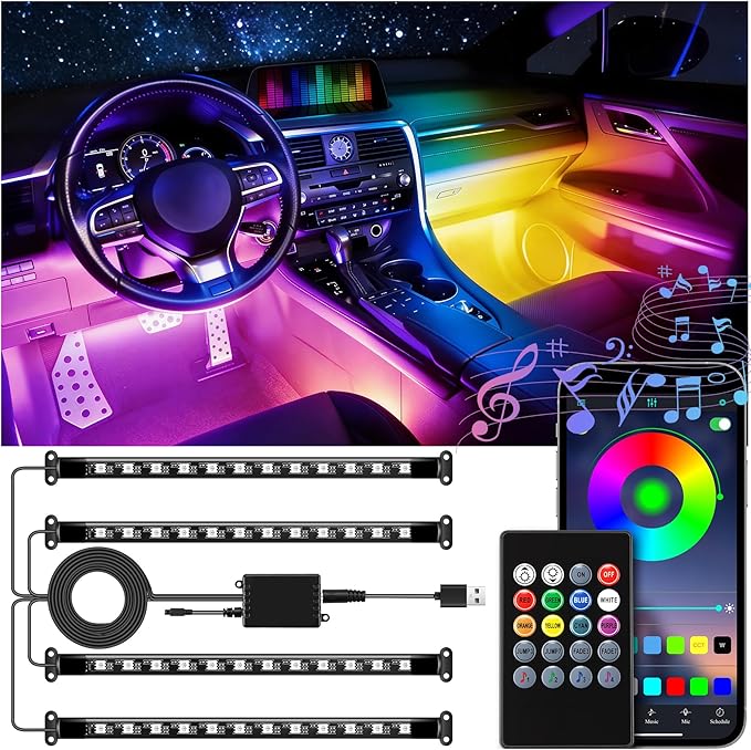 LivTee Interior Car LED Lights, Smart RGB Ambient Lighting with App & Remote Control, Music Sync & DIY Modes, 4-Line Separate Design LED Strip Lights, USB Powered, Car Accessories for Women