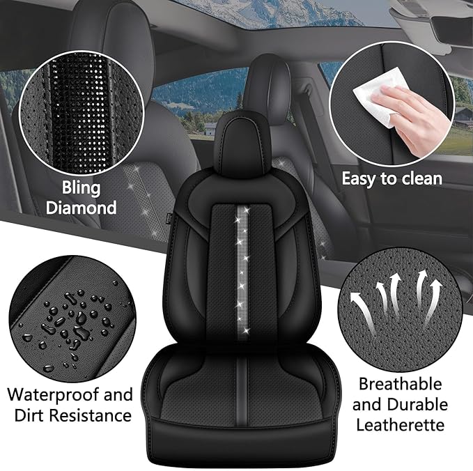 AOMSAZTO Upgrade for Tesla Model Y Seat Covers, Half Surround Bling Diamond Leather Seat Protectors, Airbag Compatible & Custom Fit 2020 2021 2022 2023 2024 5-Seater Full Set, Easy to Install