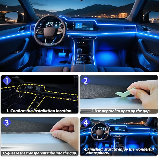6 in 1 Car Led Strip Lights with App Control, RGB Colors Interior Car Lights, Ambient Led Lighting Kit, 4 Light Flashing Modes, USB Neon Accessories for Doors, Center Console