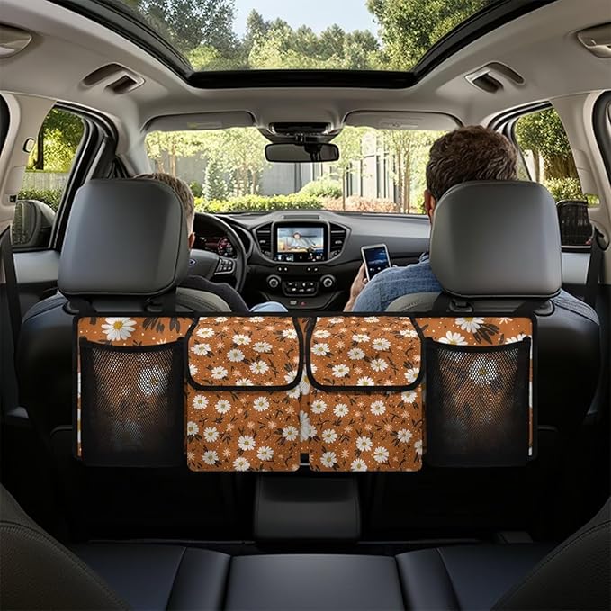 Orange Daisy Print Car Trunk Organizer Bag, Foldable Car Back Seat Storage Bag with 4 Pockets Car Interior Accessories for SUV MPV Sedans Pickup Jeep Trucks
