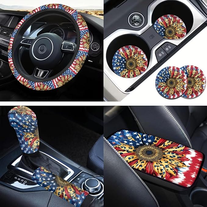 American Flag Steering Wheel Cover Car Accessories for Women Sunflower Print Car Armrest Cover Handbrake Coer Auto Interior Sets-6pcs