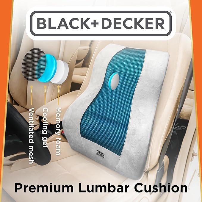 BLACK+DECKER Memory Foam Lumbar Support Pillow with Cooling Gel – High Back Lumbar Cushion for Office, Car, Wheelchair & Airplane – Ergonomic, Pain Relief, Adjustable Strap, Washable Cover,Grey/Black