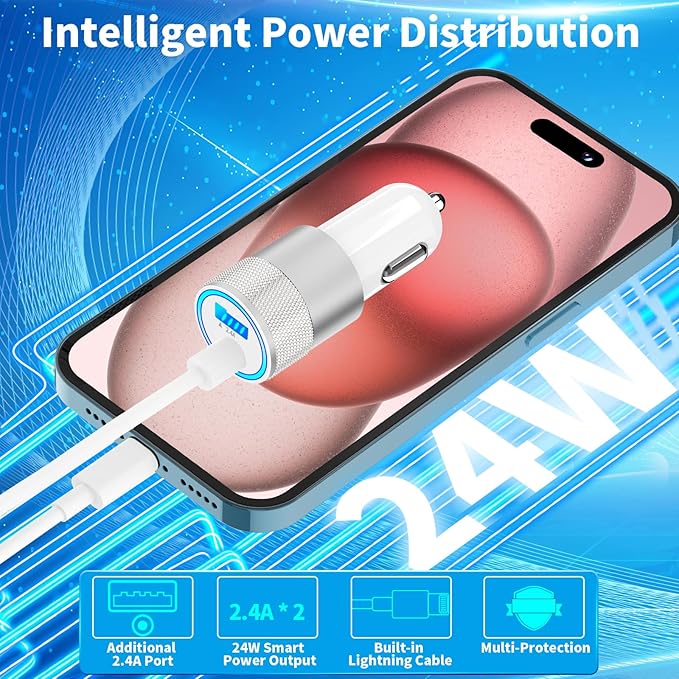 【MFi Certified】iPhone Fast Car Charger, Caiinei 4.8A Dual USB Power Cigarette Lighter iPhone Car Charger Fast Charging Adapter + 6FT Lightning Cable for iPhone 14 13 12 11 Pro Max XS Mini XR X SE iPad