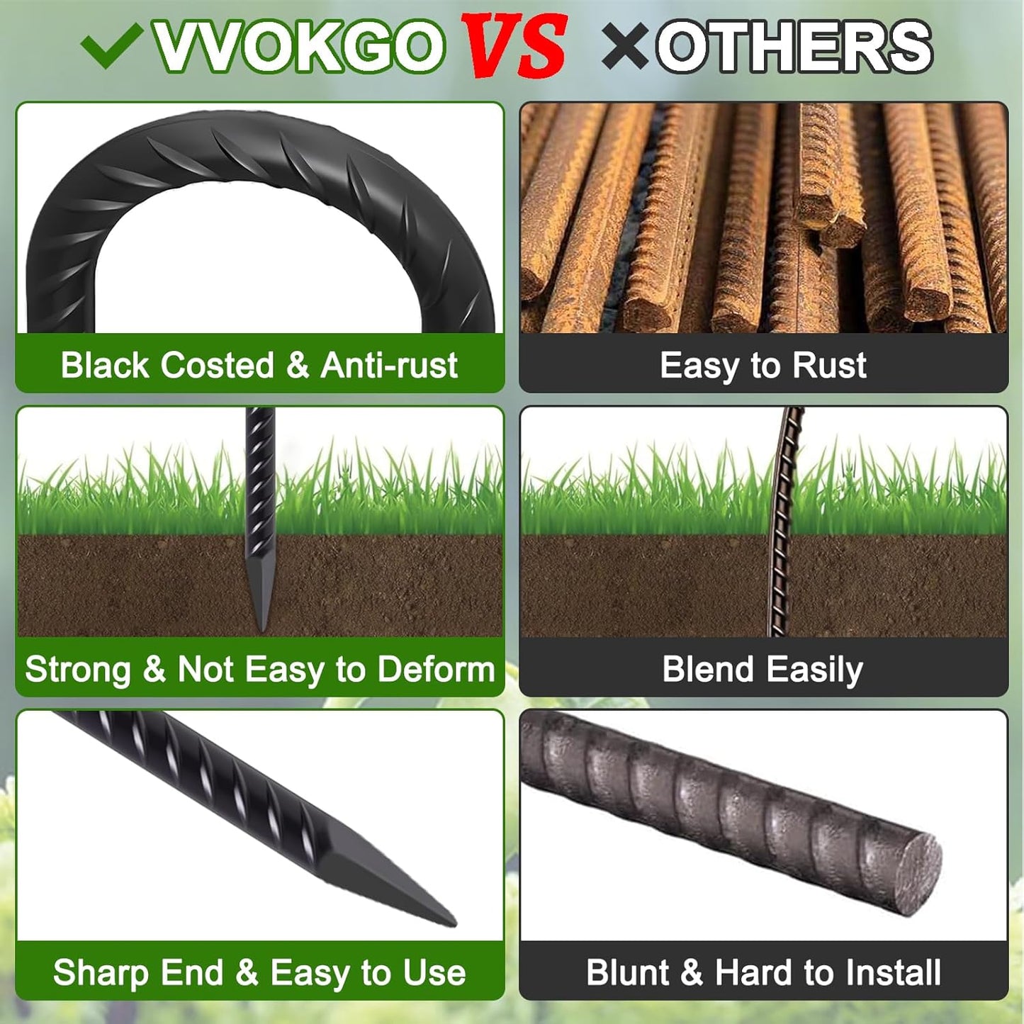 VVOKGO Rebar Stakes 16 Inches J Hook Heavy Duty Chain Link Fence Stakes, 16 Pcs Metal Long Tent Spikes Ground Anchors for Wire Fencing, Dogs Digging, Camping Tents, Swings, Greenhouse, Black