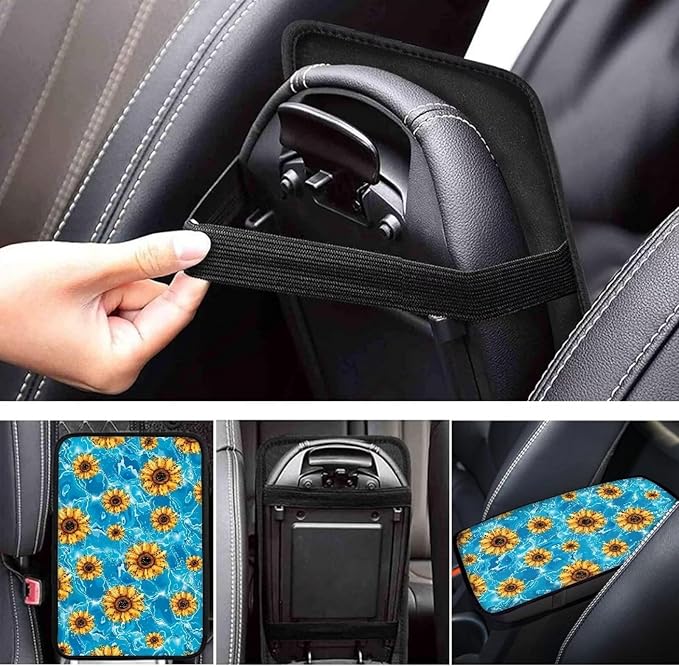 Blue Sunflower Thin Car Armrest Pads Auto Armrest Box Cover Comfortable Middle Storage Organizer Pad Universal Style Car Accessories Decor