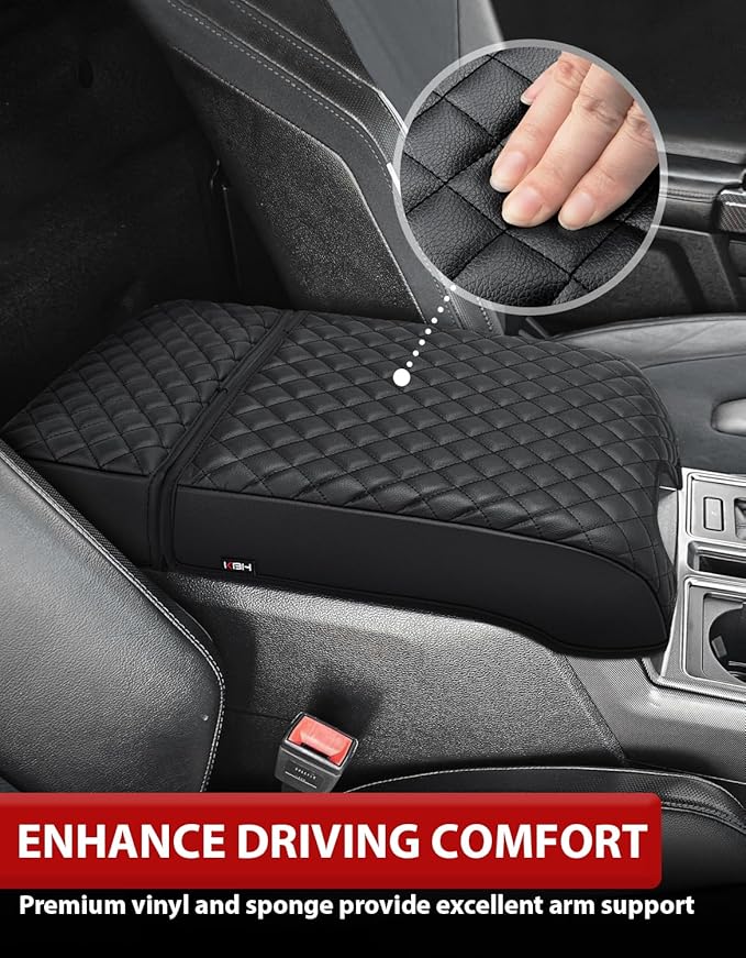 KBH Center Console Armrest Cover for Ford F250 F350 F450 F550 2017-2022, F150 2015-2020, Expedition 2018-2024, Bucket Seat, PU Leather Cushion Pad, Black (Armrest & Cup Holder Cover Set)