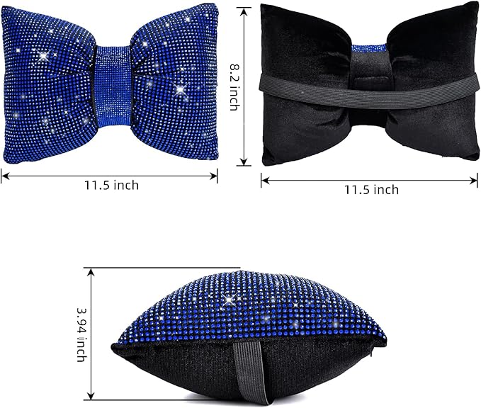 4 PCS Bling Car Pillows,Rhinestones Bowknot Car Headrest Pillow,Car Neck Pillow for Driver Relax Necksupport,Sleeping Travel Support Neck Pillow,Shiny Diamond Interior Accessories for Women,Blue