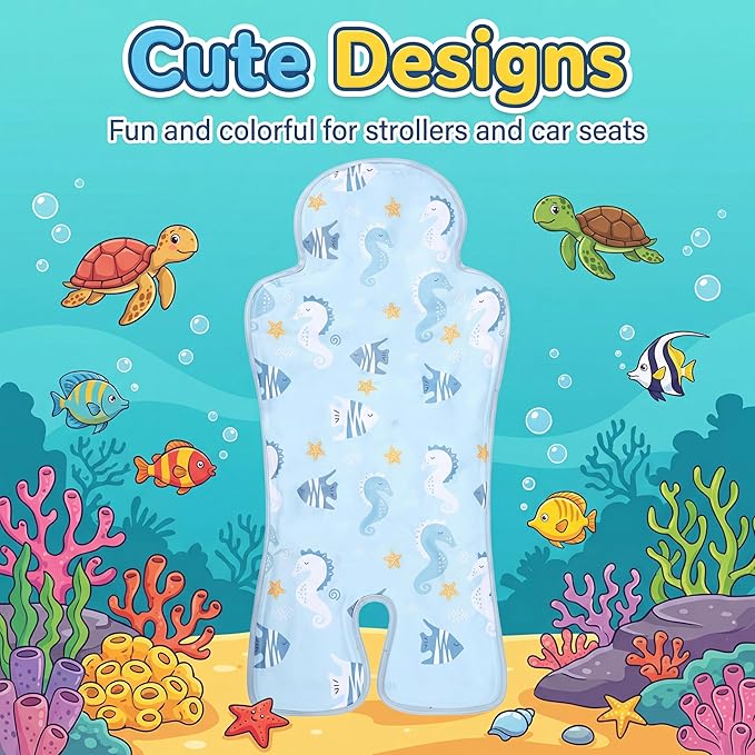 Pinkunn Gel Car Seat Baby Cooling Pad for Summer Breathable Stroller Cooler Pad Multifunctional Carseat Cooling Mat for Baby Child Dining Chair Safety Seat Stroller(Blue,Seahorse)