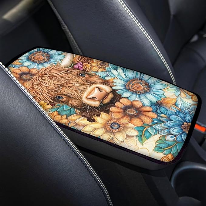 Suobstales Boho Mandala Highland Cattle Print Car Armrest Pad Soft Center Console Arm Rest Protector Cover Universal Car Interior Accessories Decoration