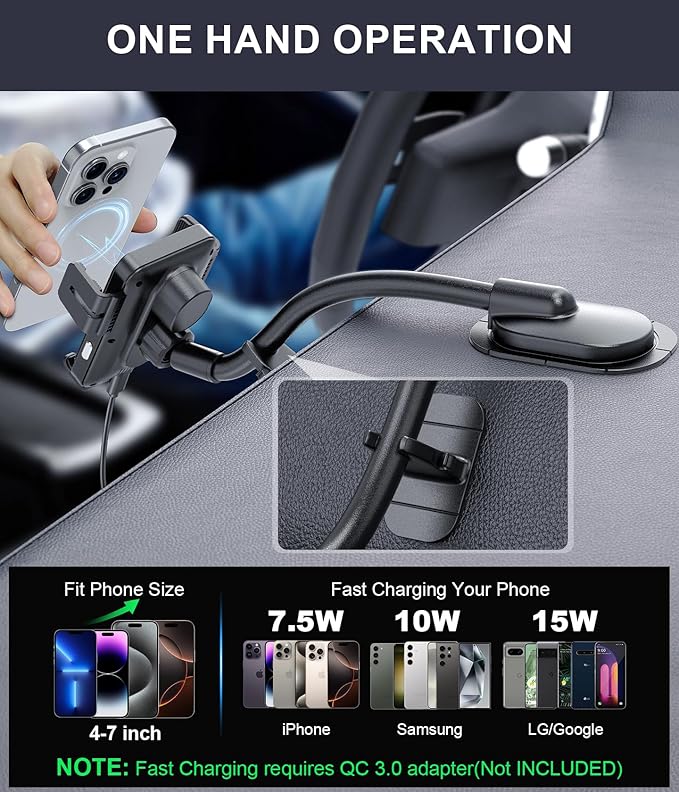 MOKPR Wireless Car Charger, Adjustable Gooseneck Car Mount Auto-Clamping Car Charger, Dashboard [with Anti Shake stabilizer] Phone Holder fit for iPhone 17 16 15 14 13 12, Samsung,with QC 3.0