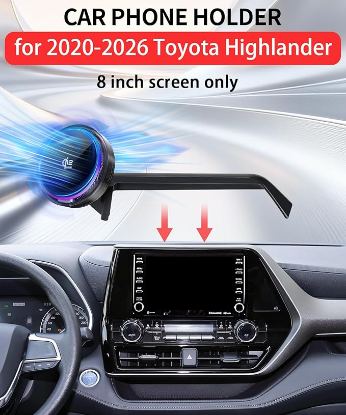 Qi2.2 25W Magnetic Car Mount Charger for 2020-2026 Toyota Highlander Accessories, for Fast Charging Cell Phone Holder 8 Inch Screen Fixed Clip with Cooling Fan＆54W Fast Adapter