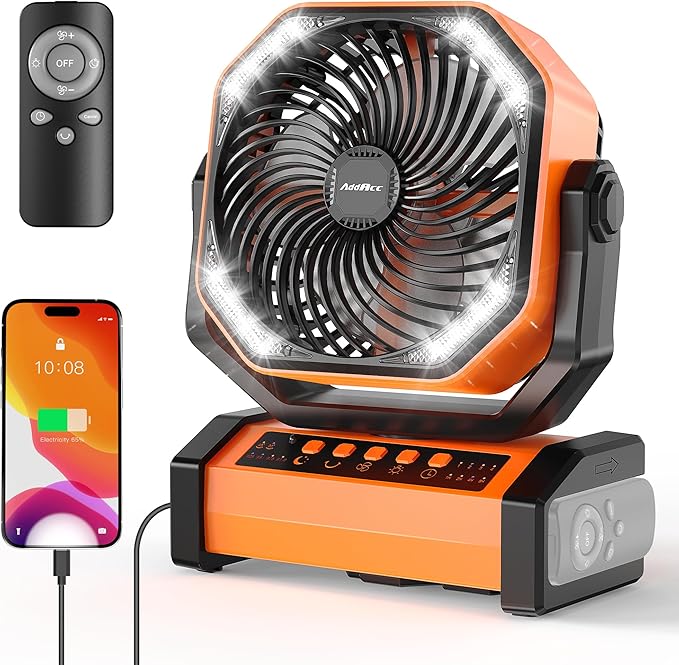 AddAcc 20000mAh Rechargeable Camping Fan - Battery Operated Fan with Light & Remote, Auto Oscillating, 4 Timer, 60 Hrs Work Cordless Tent Fan for Travel Outdoor RV Garage Power Outage Emergency