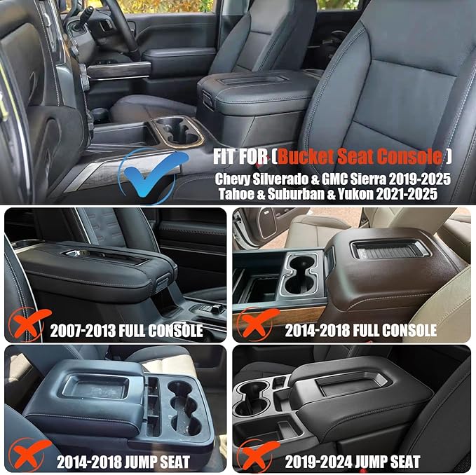 Center Console Cover for Chevy Silverado/GMC Sierra 2019-2025, Tahoe/Suburban/Yukon 2021-2024 2025, Vinyl Leather Console Lid Cushion Silverado Accessories, Bucket Seat (Black)