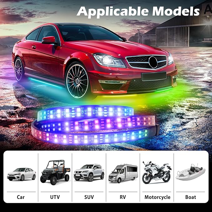 Underglow Light Kits 2-Rows,Neon Accent Strip Lights, 6PCS RGB LED Under Glow Light Kit for Car,Waterproof Exterior Car Light Strips for Van SUV Truck,with APP & RF Remote Control,DC 12V