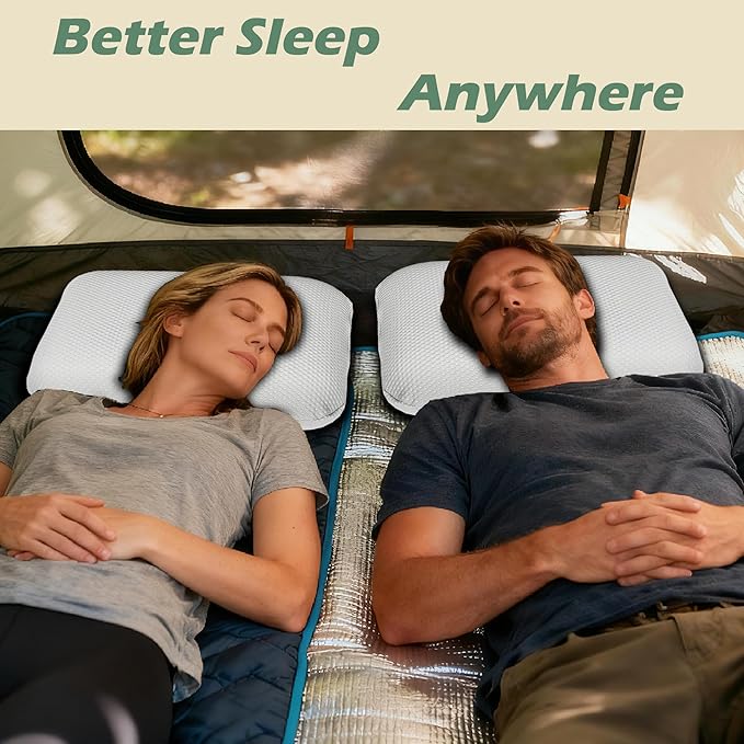 Cooling Camping Pillow, Memory Foam Travel Pillow with Adjustable Buckle Strap & Storage Bag, Compact Small Pillow for Airplane, Car Lumbar, Office, Washable Cooling Cover, Frost White