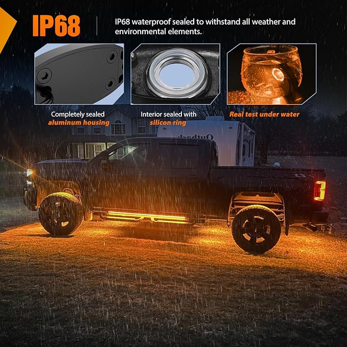 Nilight LED Rock Light 4PCS Amber Underglow Wheel Well Fender Pods Waterproof Exterior Underbody Roof Rack Side Lamps for 12V 24V Car Truck Pickups ATV UTV SUV Motorcycle Boat