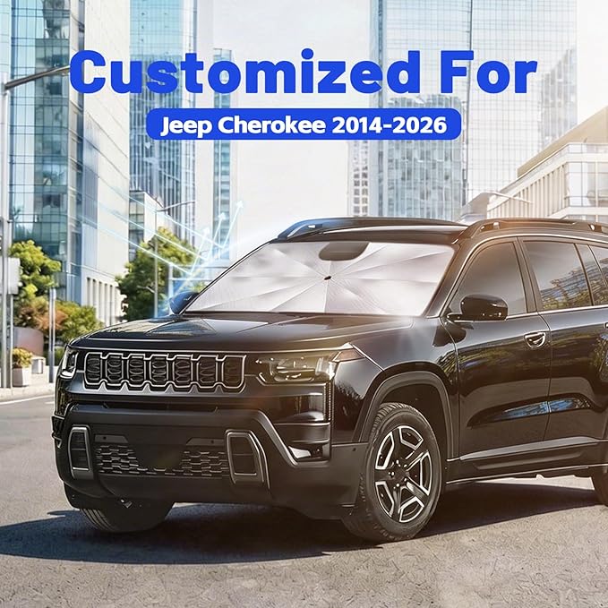 Car Windshield Sun Shade for Jeep Cherokee 2014-2026 –[Reflective Coated Fabric] Sunshade Umbrella for Front Window, Car Shades Sun Visor Keep Car Cool and Protects Interior, 1:1 Exact Fit