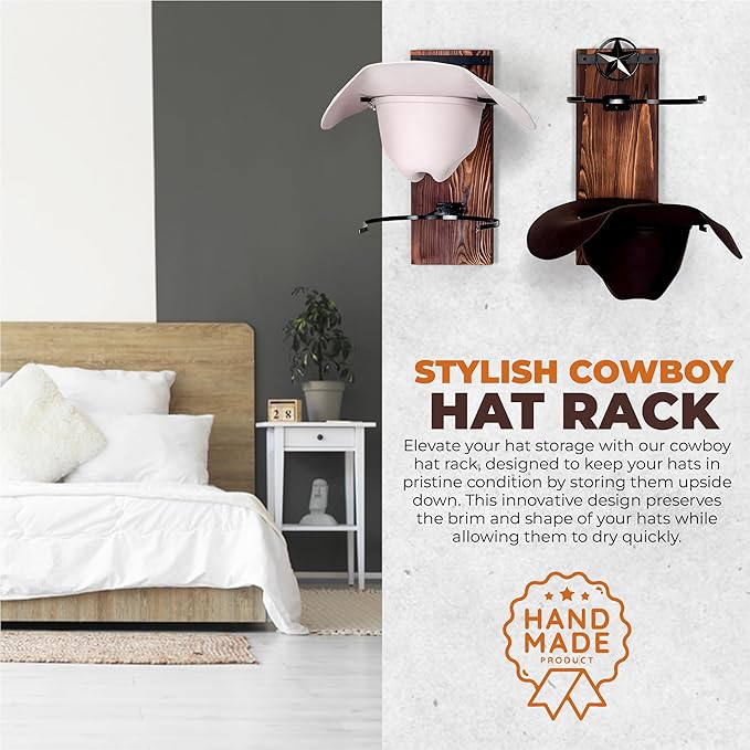 Cowboy Hat Rack for Wall | Western Hat Hanger | Rustic Wood and Metal Holder