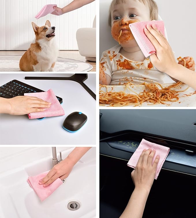 KitchLife Microfiber Cleaning Cloth Roll - Tear-Away Reusable Microfiber Paper Towels, Lint-Free, Washable, 20 Sheets for Kitchen, Car, Dishes, and Sensitive Surfaces (Pink)
