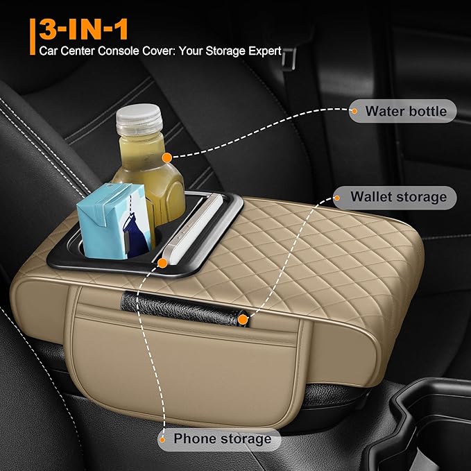 Armrest Cover for Car Fit for Jeep Renegade - Center Console Cover with Cup Holders and 2 Storage Pockets(Beige)
