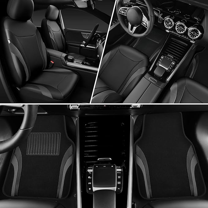CAR PASS Premium Carbon Fiber Leather Car Seat Covers Full Set and Waterproof Car Floor Mats,Airbag Compatible,Automotive Interior Covers for Sedans,Trucks,Vans,SUV with Car Carpet Mats(Black)