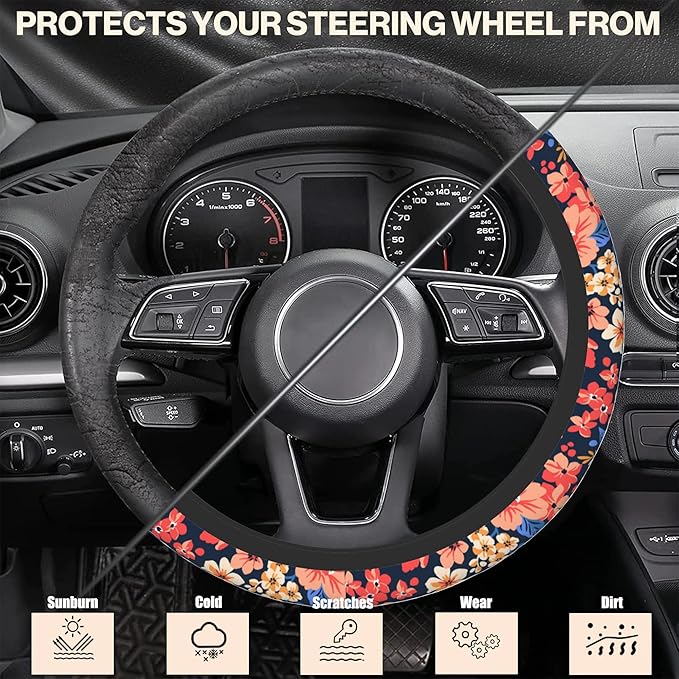 Colorful Small Flowers Car Steering Wheel Cover, Non-Slip Absorbing Sweat Car Wheel Cover Accessories for Men Women,Universal 15" Fit Auto SUV Vans Trucks