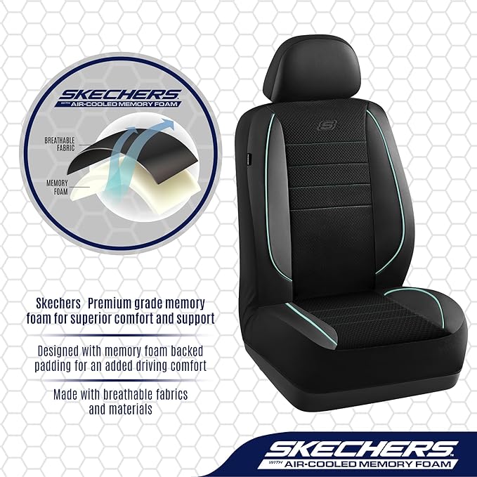 Skechers Air-Cooled Memory Foam Seat Covers,Mesh Thick Car Seat Covers,Piping Leather Car Seat Covers Front Seats,Airbag Compatible,Automotive Comfort for Most Cars,Vans,Trucks,SUV(Mint,Two Front)