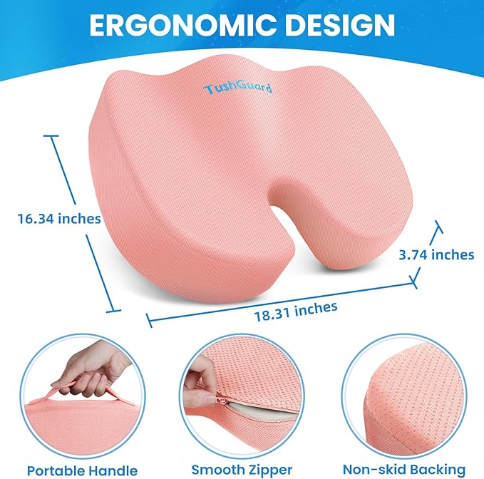 TushGuard Seat Cushion for Office Chair Memory Foam Non-Slip Cushion Back, Relief Chair Pad, Butt Pillow for Office, Car, Computer Desk, Pink, X-Large