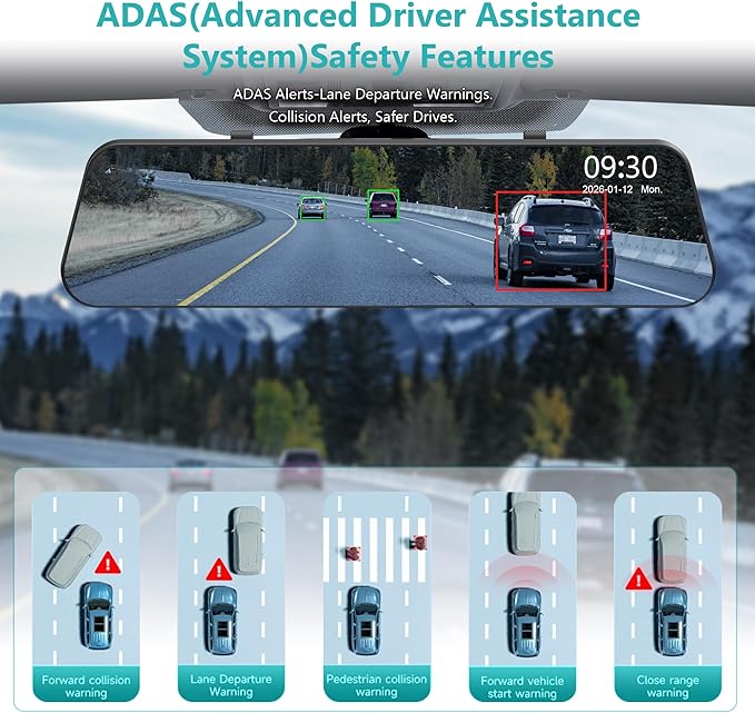 Dual Sony STARVIS 2 IMX678 Sensors 4K+4K Mirror Dash Cam Front and Rear, 12" Smart Rear View Camera with ADAS Blind Spot Detection, Super Night Vision HDR, 5G WiFi GPS, 64GB, 24H Parking
