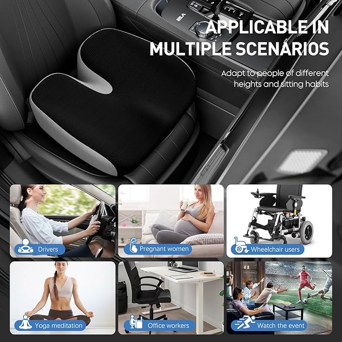 Adult Car Booster Seat Cushion - Memory Foam Car Seat Wedge Cushion - Coccyx Cushion for Tailbone Pain - Driver Seat 3 Inch Height Boost Cushion - for Cars, Trucks, Home & Office Chairs, Black