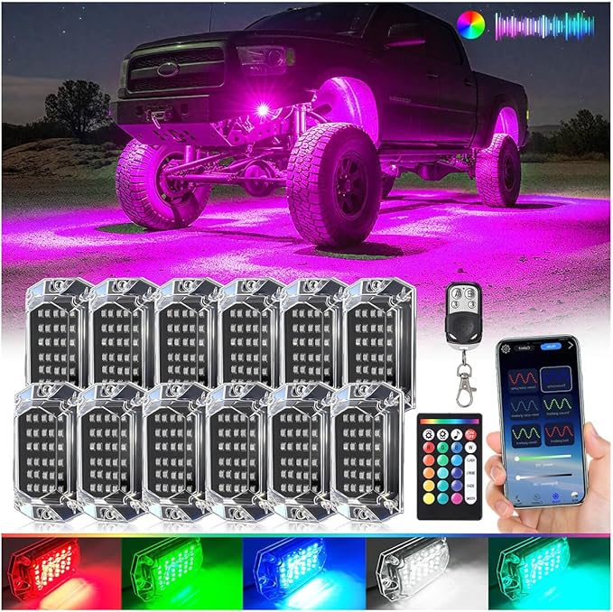 12Pods Full Angle RGB LED Rock Lights Kit for Trucks Pickup Jeep UTV ATV SXS Off-Road, 360Chip Waterproof Multicolor Underglow Light with APP/RF Remote, Pre Wired 12V Underbody Accent Light Dual Zone
